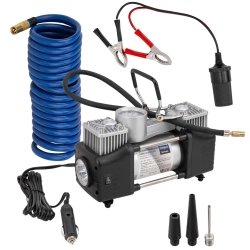 Компрессор автомобильный поршневой двухцилиндровый с аналоговым манометром и встроенным фонарем (12В, 20А, 65л/мин, 7бар) в пласт.кейсе Scheppach Sch-2014360