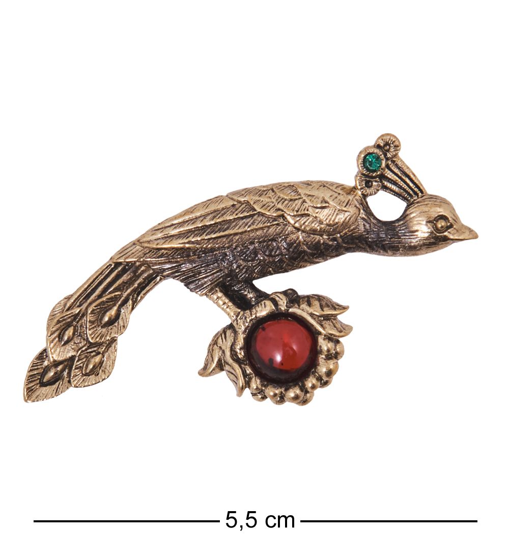 AM-4173 Брошь «Павлин Яванский « (латунь, янтарь)