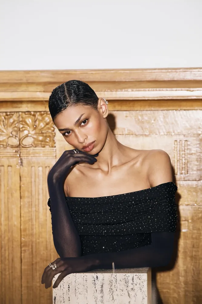 Iren midi, платье миди из черного бифлекса со стразами драпированное