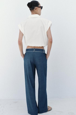 ZARA ШИРОКИЕ БРЮКИ С КОНТРАСТНЫМИ КАНТАМИ, СИНИЙ