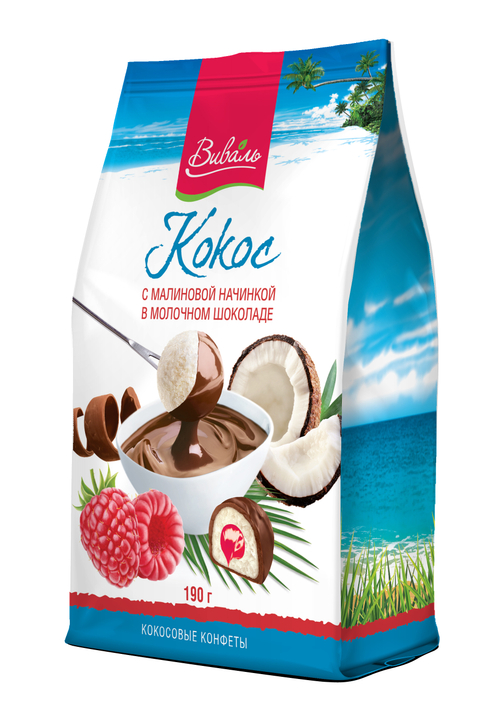 Кокосовая конфета с малиновой начинкой в молочном шоколаде 190 г