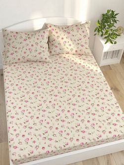 Постельное белье перкаль Сказка "Розовые бутоны на бежевом" семейное Наволочка 50х70 см 2 шт Простынь на резинке 160x200 см Пододеяльник 145x215 см 2шт