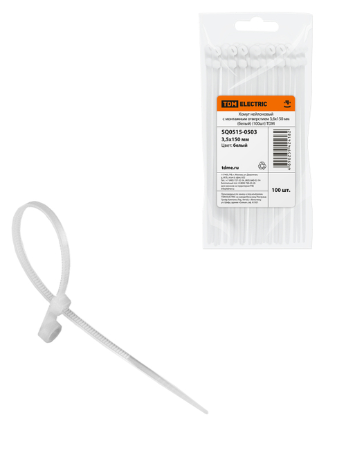 Хомуты нейлоновые белые с монтажным отверстием 150х3,6мм (100 шт/уп) TDM