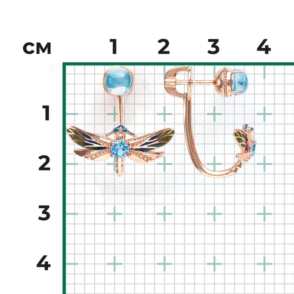 Серьги-джекеты «Стрекозы» из красного золота с топазами и эмалью