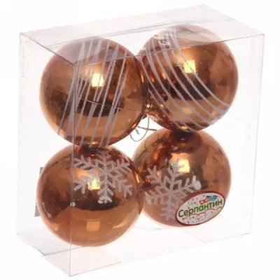 Новогодние шары 6 см (набор 4 шт) «Снежные нити», оранжевый/белый