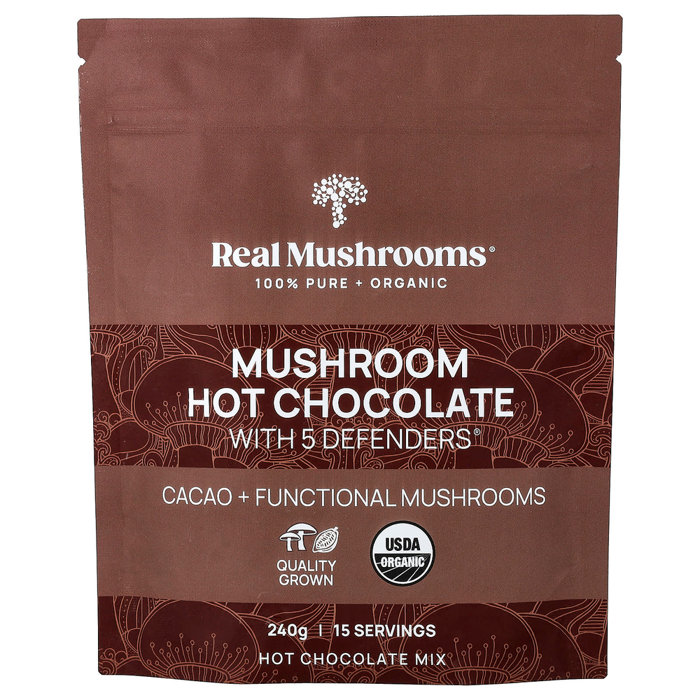 Real Mushrooms, горячий шоколад с грибами и 5 Defenders®, 240 г