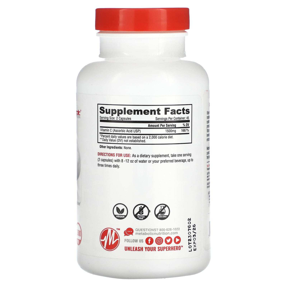 Metabolic Nutrition, Витамин C, 90 капсул (750 мг на капсулу)