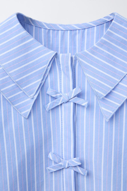 ZARA РУБАШКА В ПОЛОСКУ С БАНТАМИ, ГОЛУБОЙ