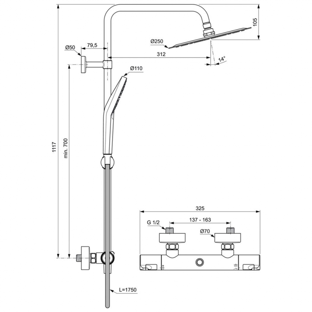 Душевая система с термостатическим смесителем для душа Ideal Standard Ceratherm T50 A7565AA