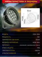 Прожектор для архитектурного и ландшафтного освещения 220V 12W 3000К теплый белый, угол 30 градусов