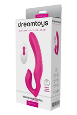 Ярко-розовый безремневой страпон REMOTE DOUBLE DIPPER - 22 см. (Цвет: ярко-розовый)