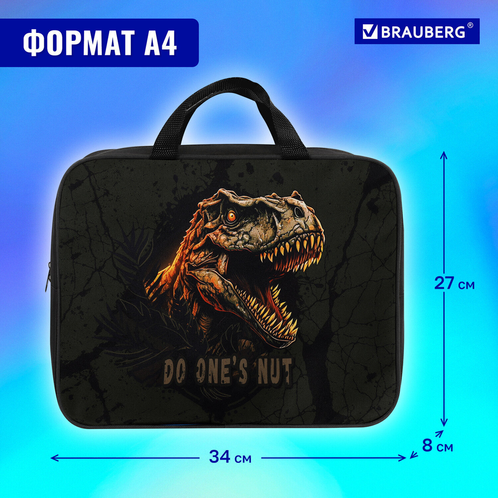 Папка на молнии с ручками BRAUBERG А4 1 отделение полиэстер 80 мм "Dino attack" (2 штуки в упаковке)