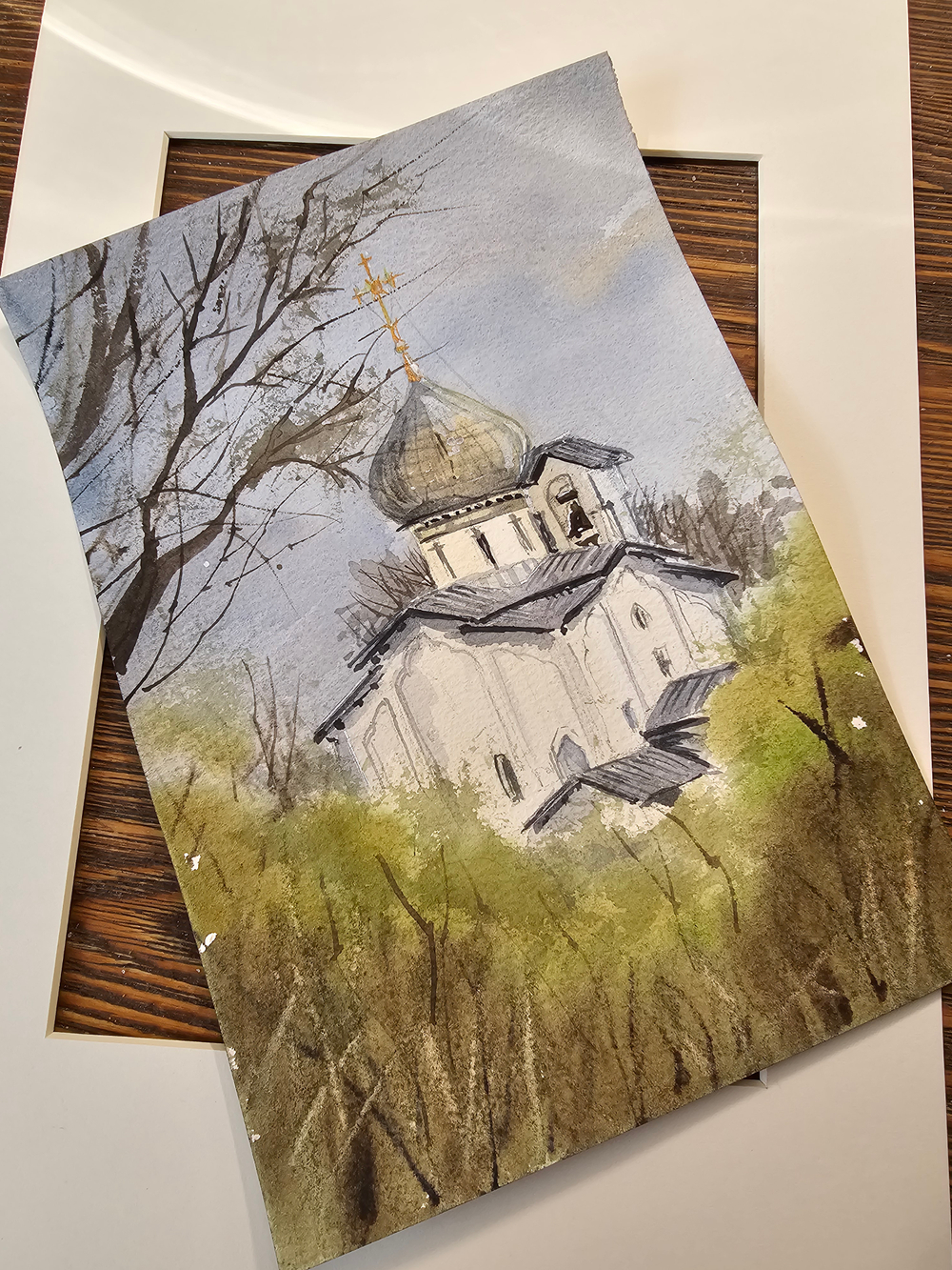 Картина авторская акварельная в паспарту 21х30 см на стену для интерьера "Церковь Петра и Павла с Буя. Псков"