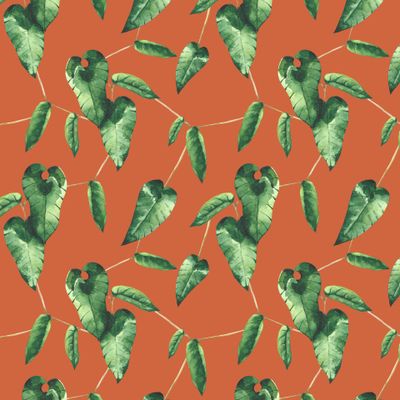 Зеленые листья на оранжевом фоне. Веточки плюща.