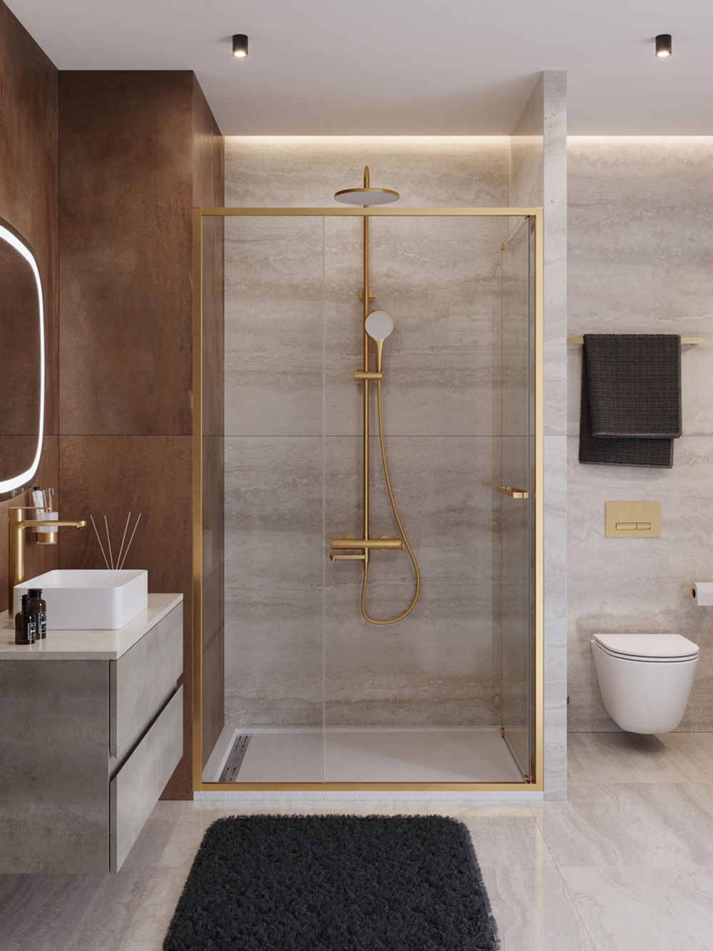 Душевая дверь Cezares LUX-B-FS-11-120-C-BORO, 120х195, профиль брашированное золото, стекло прозрачное