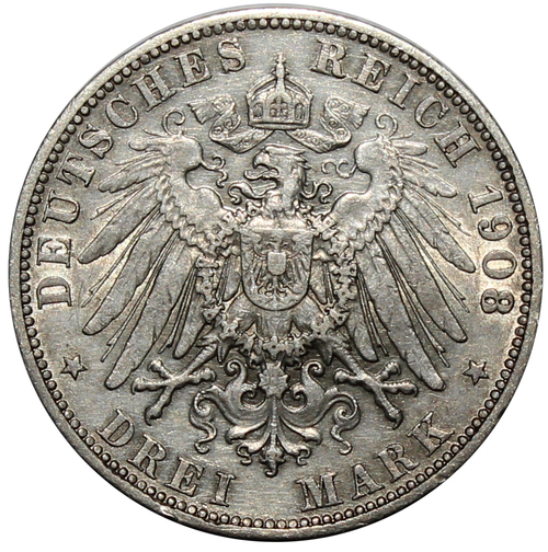 3 марки 1908 год. Вильгельм II. Германия. XF-