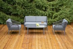 "Канны" лаунж-зона 4-местная (разборная) из роупа со столиком "Диего" цвета "серый гранит", роуп темно-серый круглый, ткань темно-серая