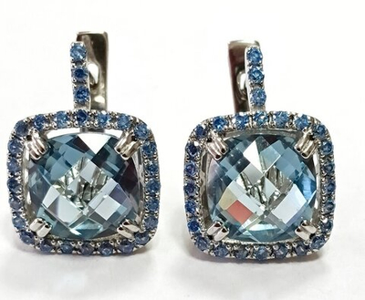 Ювелирные серьги из серебра ,вставка аквамарин синтетический,фианиты