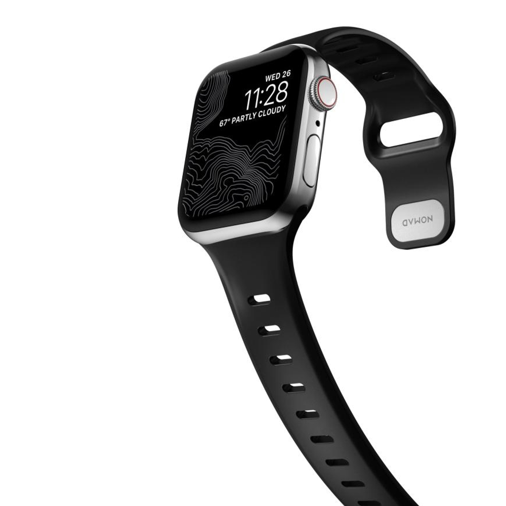 Спортивный ремешок Nomad Sport Slim Band для Apple Watch 44, 45, 46 мм и Ultra 2–3 Водостойкий ремешок из фторэластомера с застёжкой pin-and-tuck из нержавеющей стали. На запястье обхватом 160–193 мм (160–195 мм — с Apple Watch Ultra)