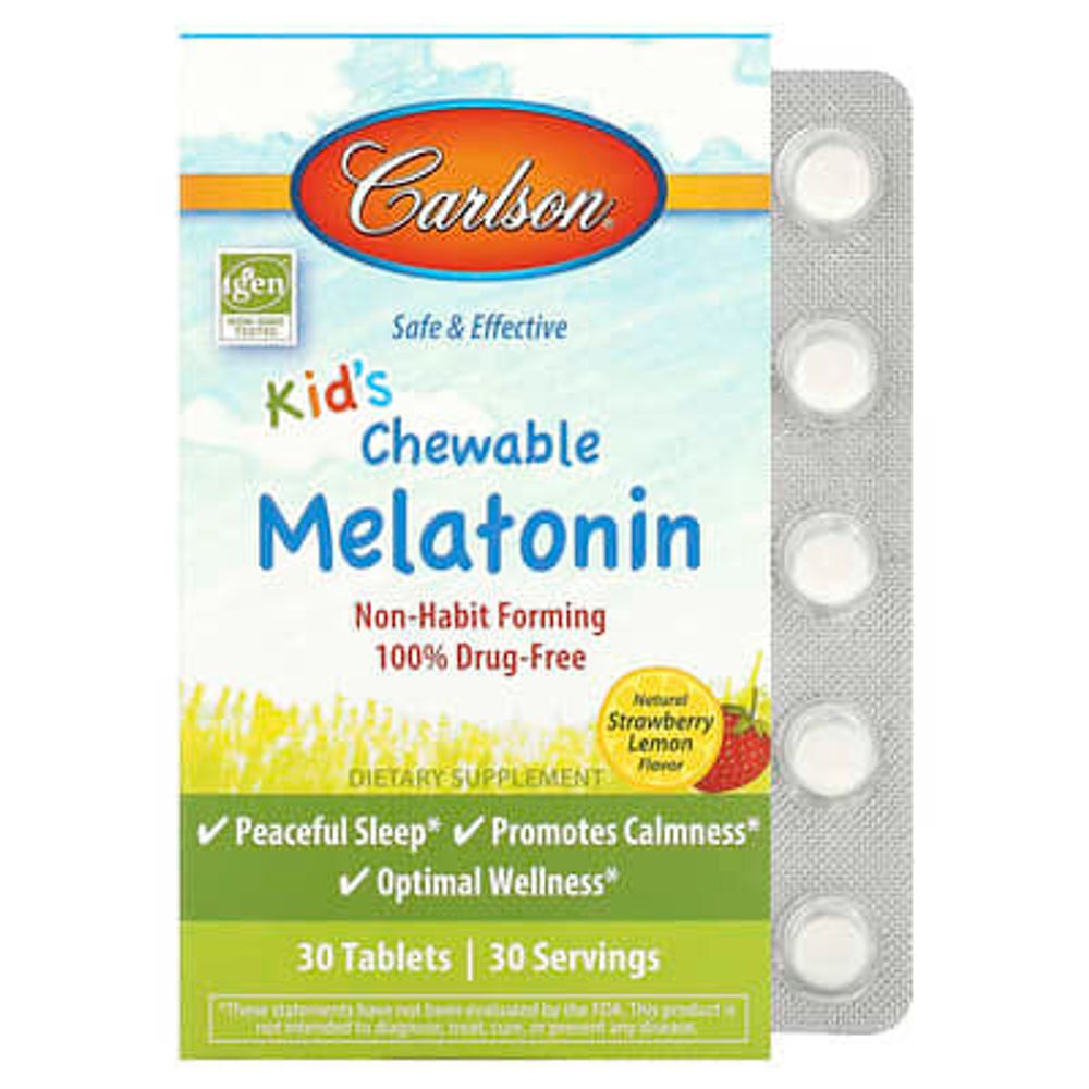 Carlson, жевательный мелатонин для детей, со вкусом клубники и лимона, 30 таблеток (300 мкг в 1 таблетке)