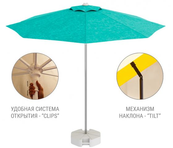 Зонт пляжный профессиональный Kiwi Clips, Ø250 см, серебристый, бирюзовый