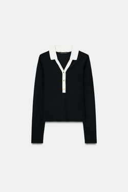 ZARA ТОП ПОЛО ИЗ ТКАНИ ИНТЕРЛОК С КОНТРАСТНЫМИ ЭЛЕМЕНТАМИ, ЧЕРНЫЙ