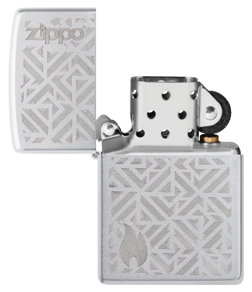 Зажигалка Zippo Logo and Flame с покрытием Satin Chrome, латунь/сталь, серебристая, матовая, 38x13x5
