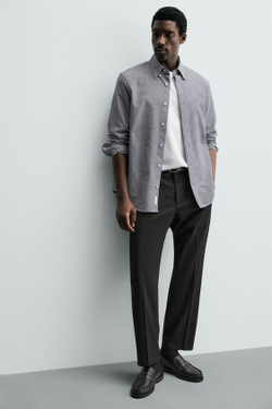 ZARA БРЮКИ REGULAR FIT ИЗ СМЕСОВОЙ ШЕРСТИ NON IRON, ЧЕРНЫЙ