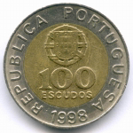100 эскудо 1998 год. Португалия. Биметалл, диаметр 25.8 мм. XF