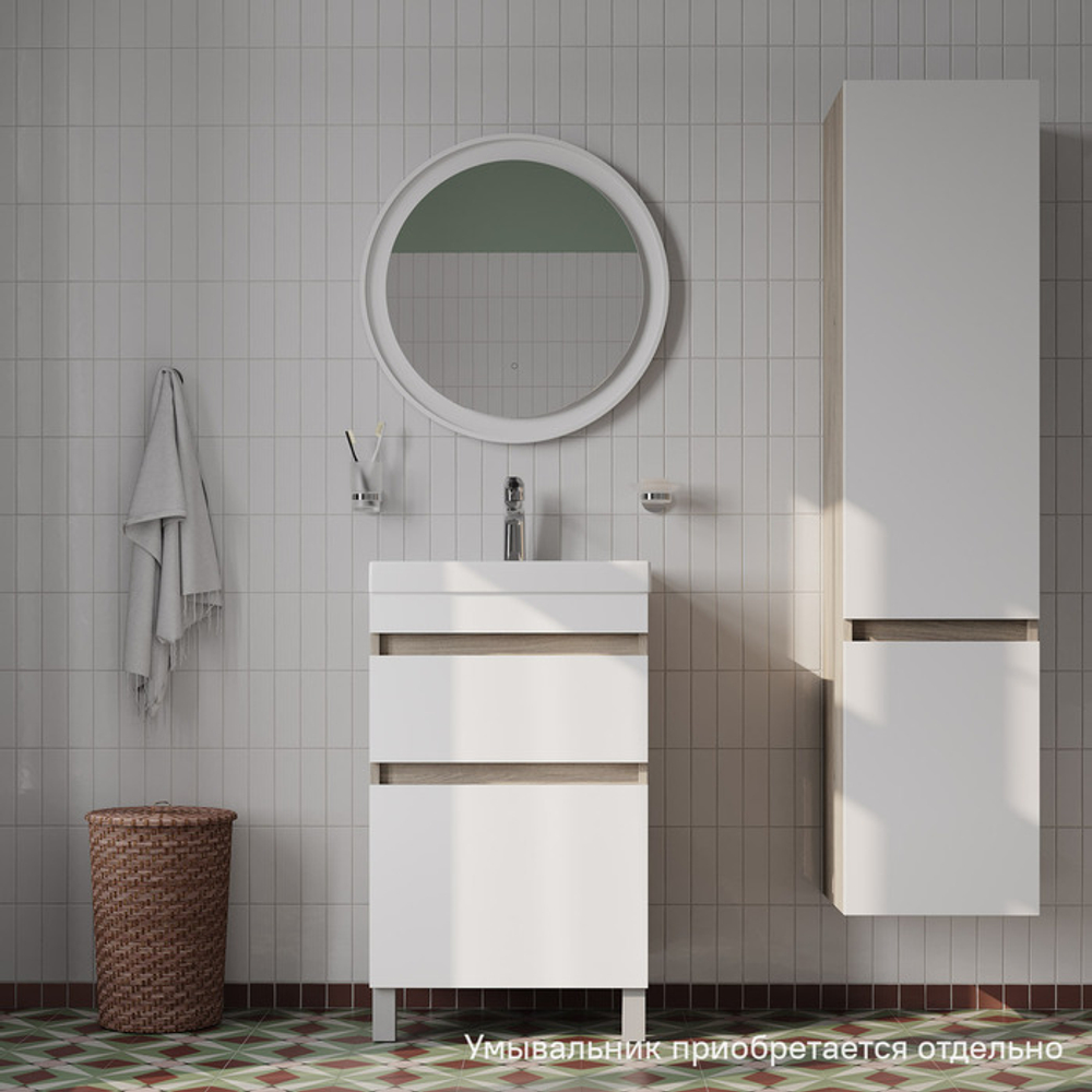 Тумба с умывальником напольная с ящиками IDDIS Zodiac, 50 см, белая/под дерево, ZOD5ABFi95K