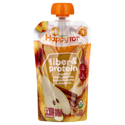 Happy Family Organics, Happy Tot®, клетчатка и протеин, для детей от 2 лет, органические груши, персики, тыква, яблоки и корица, 113 г (4 унции)