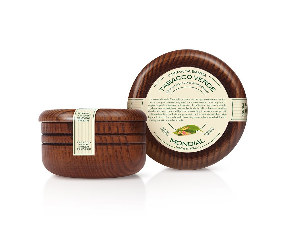 Фото крем для бритья Mondial &quot;TABACCO VERDE&quot; с ароматом зелёного табака деревянная чаша 140 мл в фирменной коробке