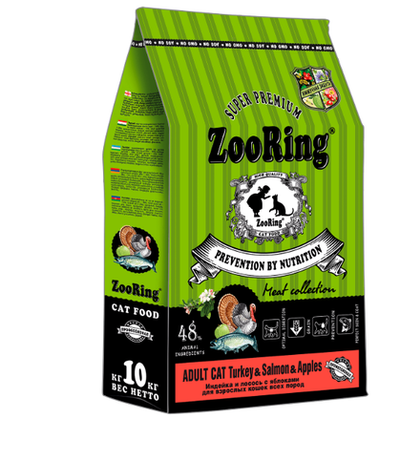 Сухой корм Zooring Adult Cat (Зооринг) для взрослых кошек, с индейкой, лососем и яблоками, 10 кг