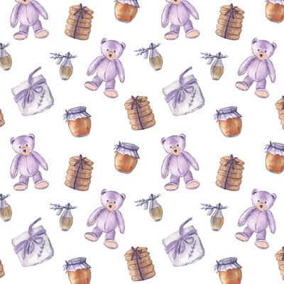 Лавандовые мишки, печенье и мед на белом