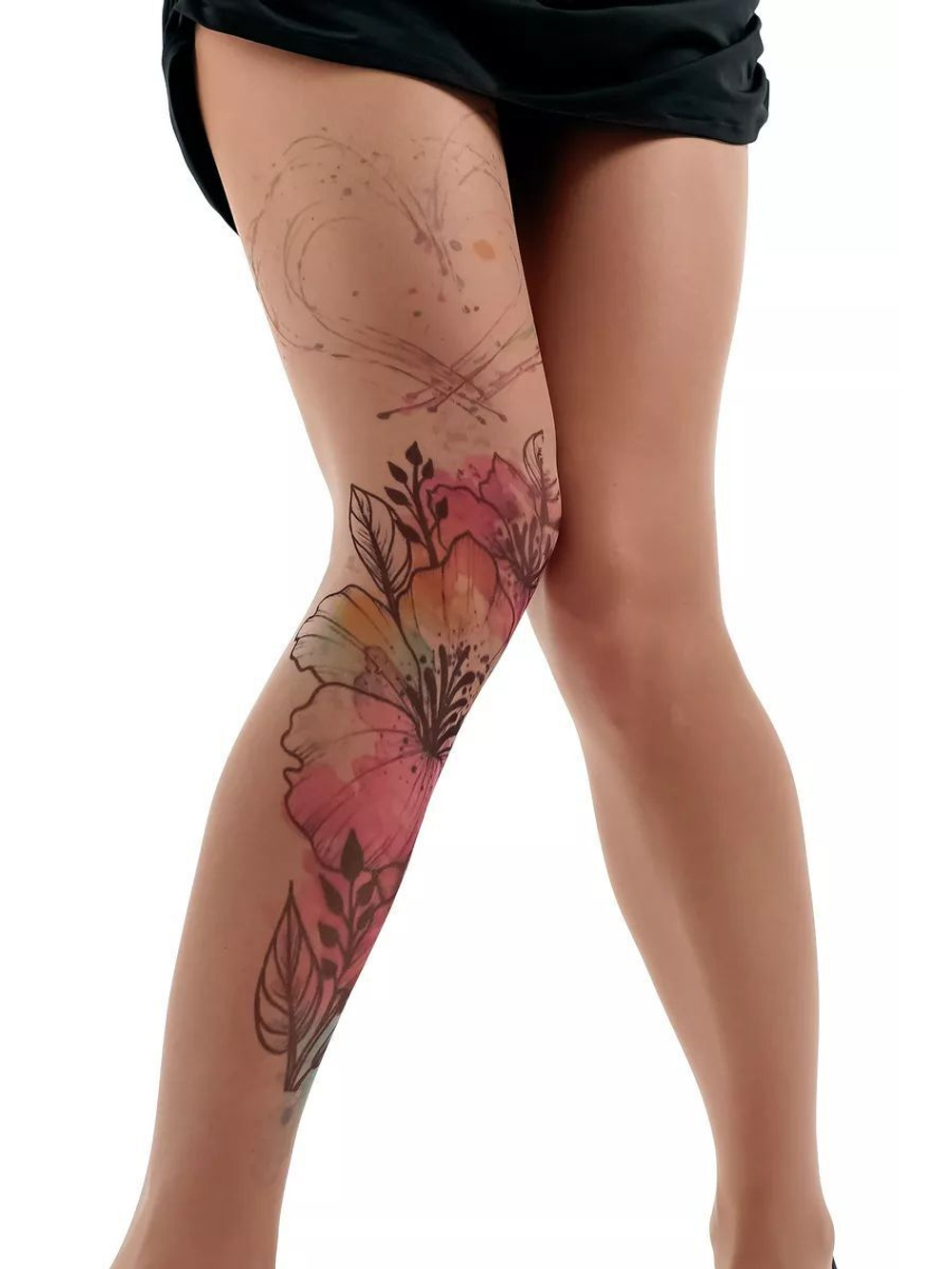 Колготки с принтом в виде цветов и сердца (Размер: S-M-L) (Цвет: бежевый)