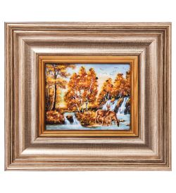 AMB-04/22 Икона «Олени на водопое» (с янтарной крошкой) L-18см