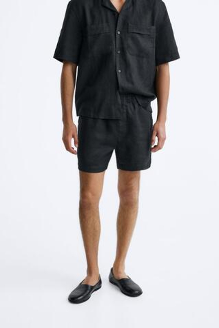 ZARA ШОРТЫ ИЗ 100% ЛЬНА,  ЧЕРНЫЙ