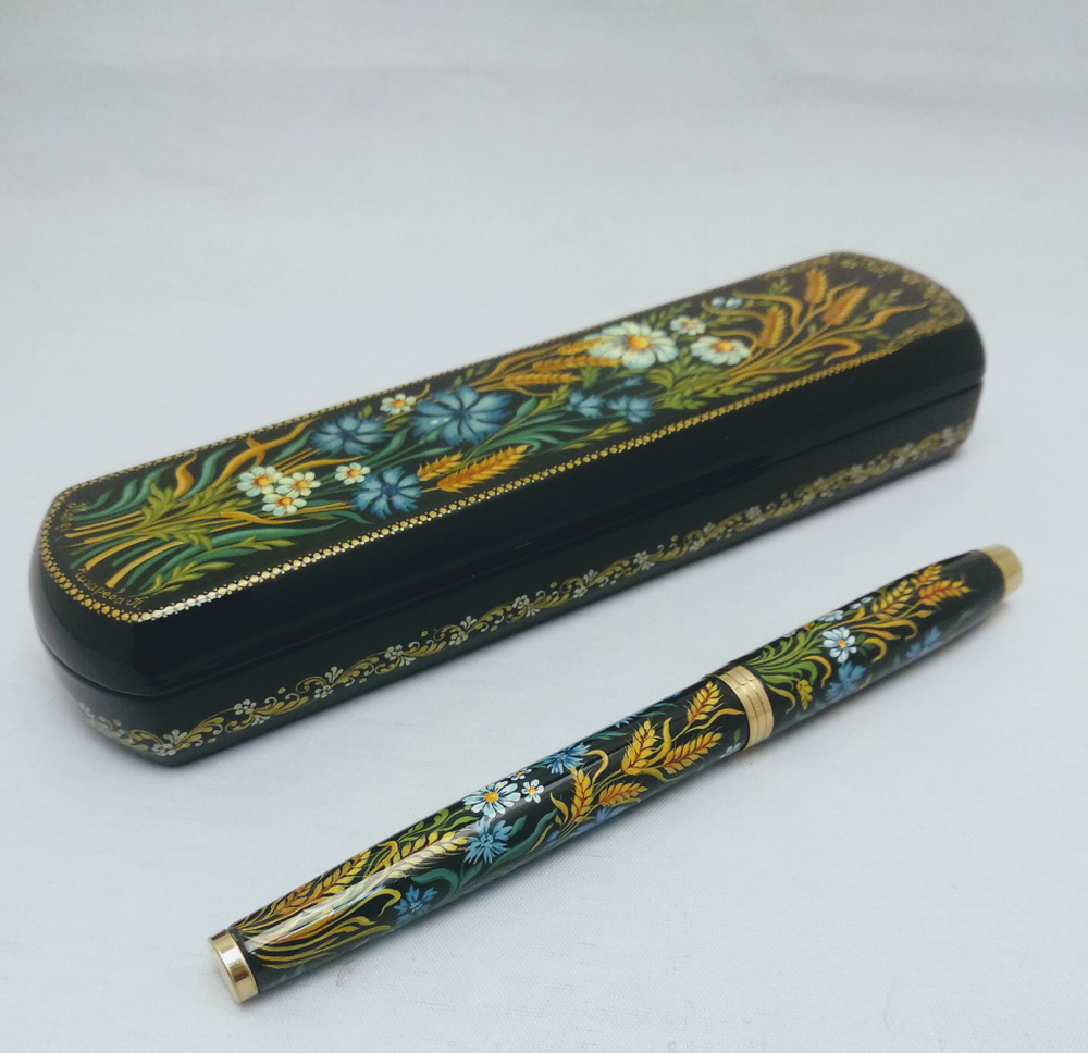 Ручка с росписью Палех в шкатулке "Пшеница с васильками"