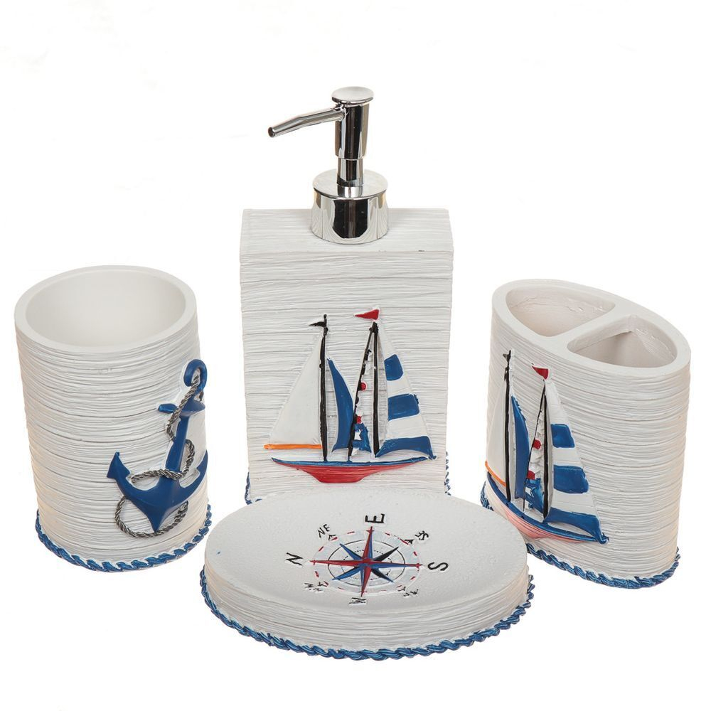 Набор для ванной 4 пр, Морской, полирез, стак,подс д/зуб щет,дозат д/мыла,мыл-ца, Y321