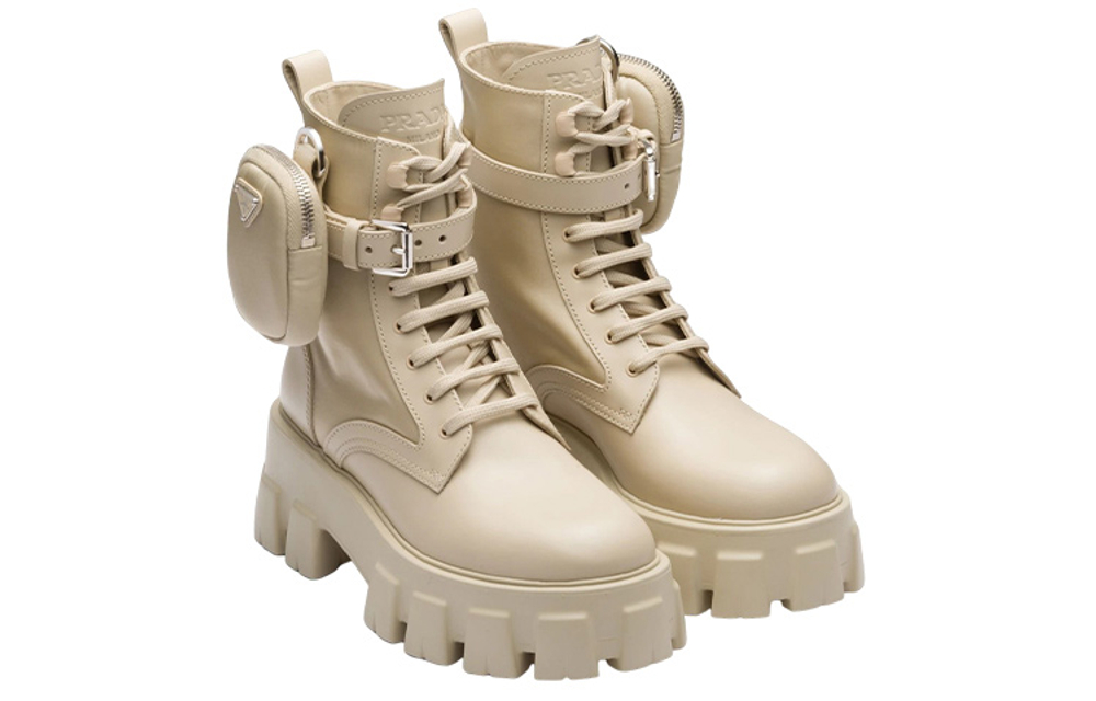 PRADA Monolith 55mm Pouch Ankle Boots Desert Beige Leather Women"s