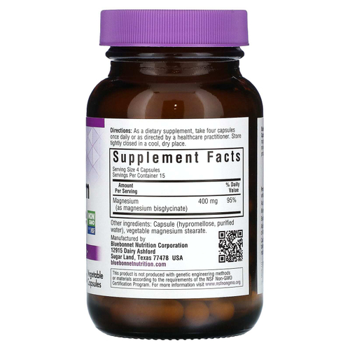 Bluebonnet Nutrition, Глицинат магния, 60 растительных капсул (100 мг на капсулу)