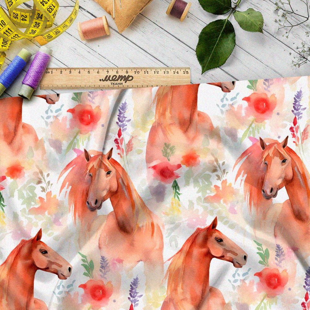 Ткань премиум шелк искусственный Армани акварельные кони