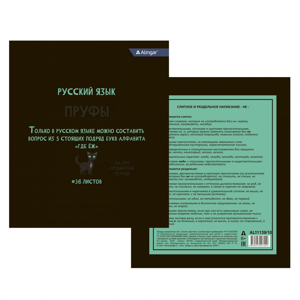 Тетрадь предметная 36л. А5 "Русский язык", линия, со справочным материалом, скрепка, мелованный картон (стандарт), блок офсет, Alingar "Котомемы"
