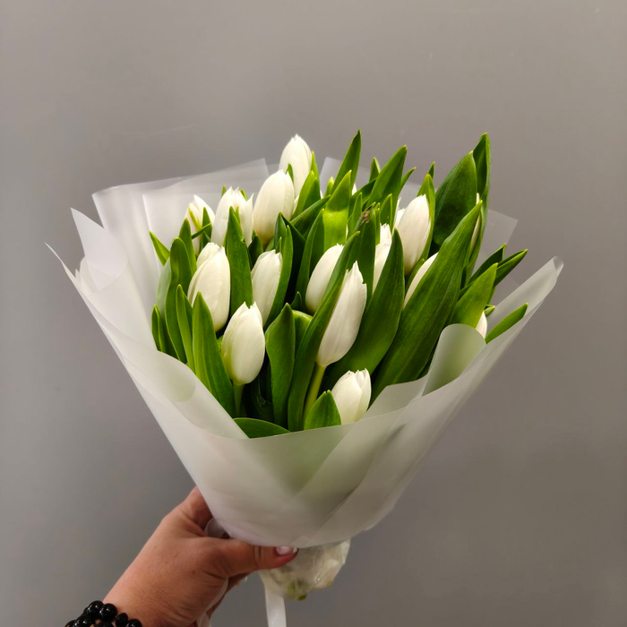 Букет белых тюльпанов 25шт (в упаковку)