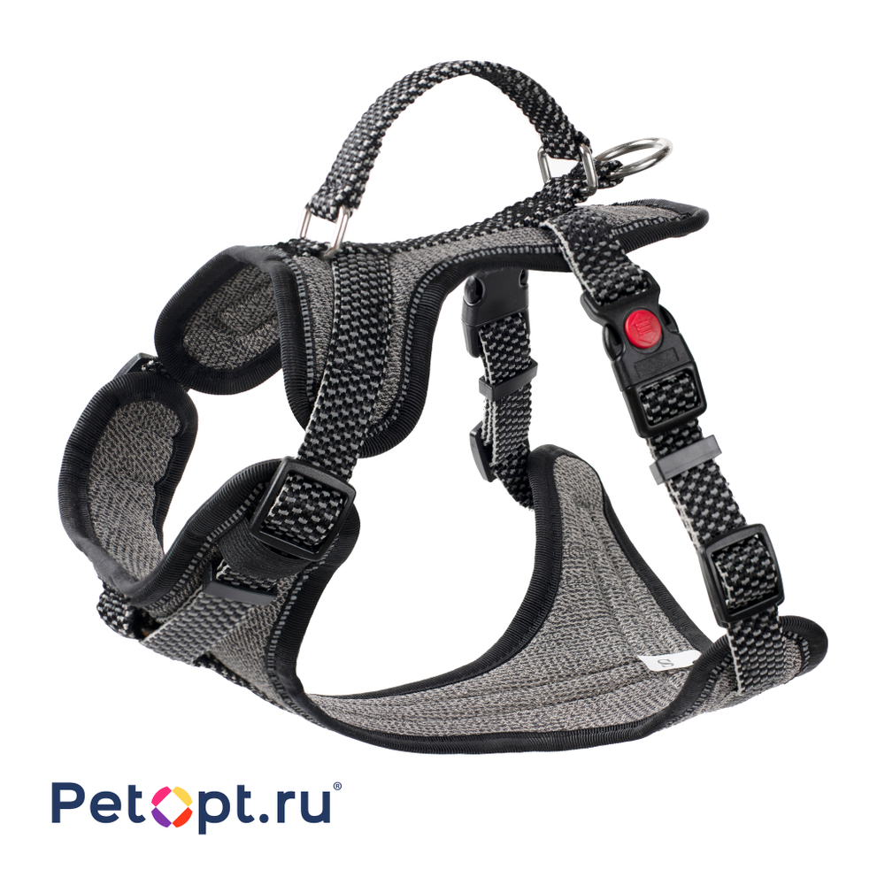 PetOpt Шлейка с ручкой для собак светоотражающая , черно-серая, нейлоновая . Регулировки на груди и спине , светоотражающие нити по всей ширине лямок