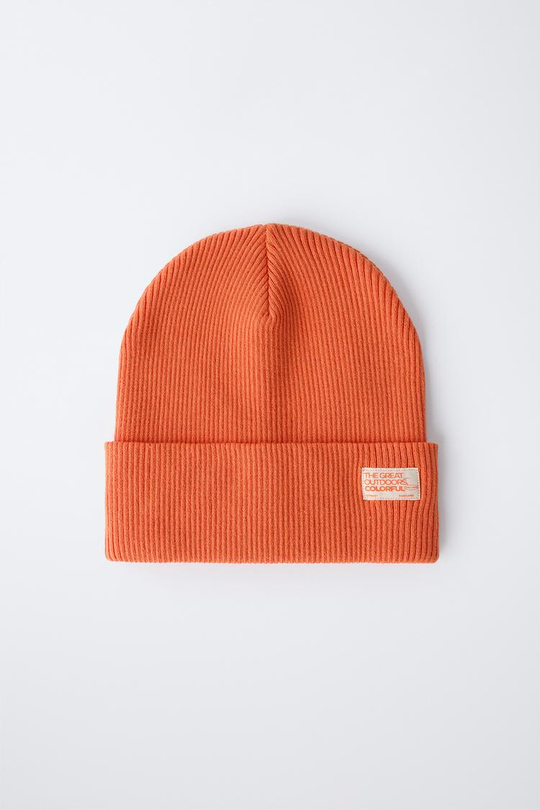ZARA ТРИКОТАЖНАЯ ШАПКА В РУБЧИК С ЭТИКЕТКОЙ, ОРАНЖЕВЫЙ