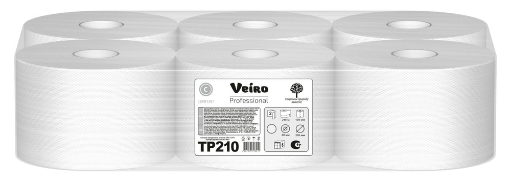 Туалетная бумага Veiro Comfort с центральной вытяжкой TP210, 2-слойная, белая, 215 метров, 6 рулонов в упаковке