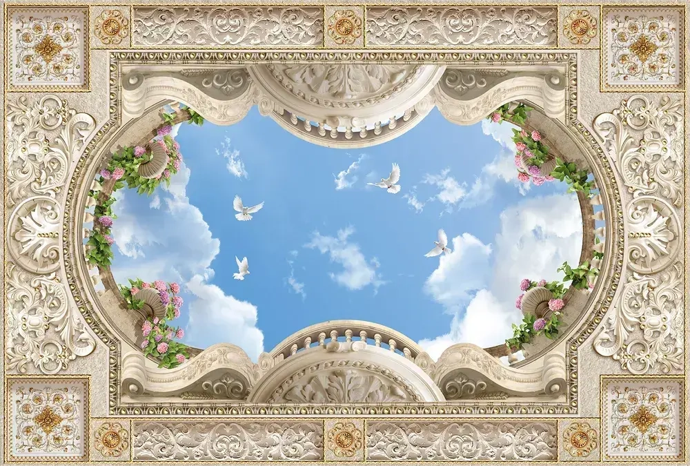 Фотообои Небо с голубями на потолок/ Красивые уютные обои на стену в интерьер комнаты/ 3Д расширяющие пространство/ На кухню в спальню детскую зал гостиную прихожую/ размер 400х270см/ Флизелиновые