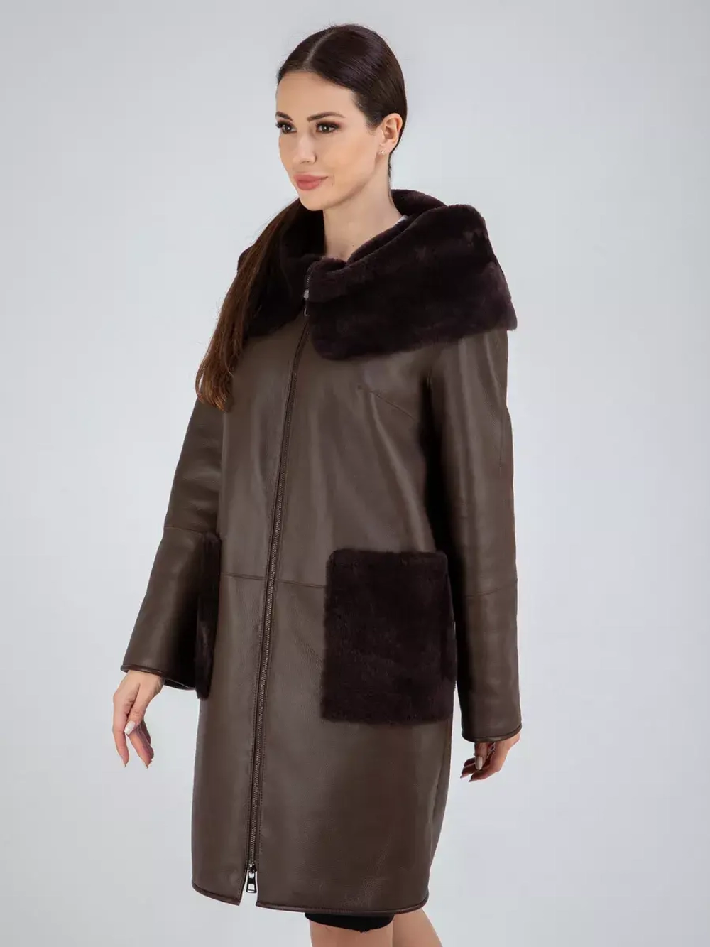 Дубленка натуральная с капюшоном длинная Турция