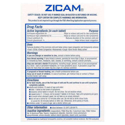 Zicam, Echinacea + Sambucus, охлаждающая перечная мята, 20 быстрорастворимых таблеток